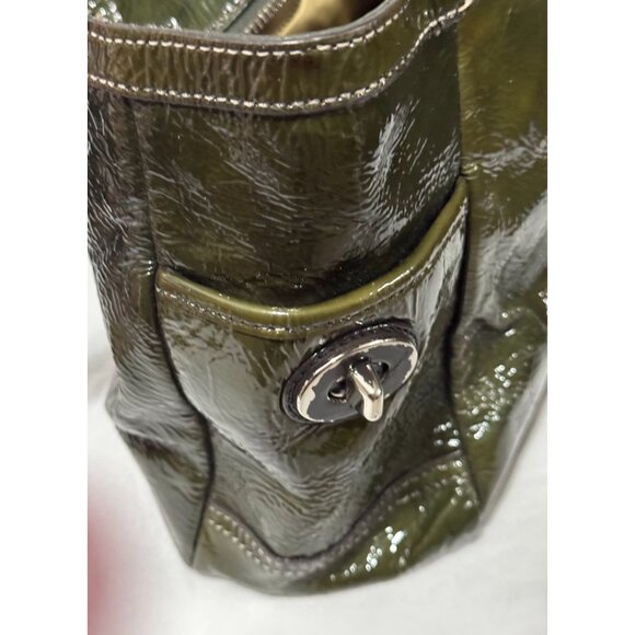 Coach Olive Green Patent Leather Tote With Adjustable Shoulder Strap & Side Buck - Picture 6 of 15
